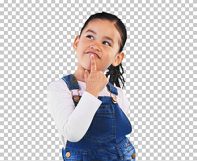 Buy stock photo Thinking, kid and girl with idea, decision and problem solving isolated on png transparent background. Happy, child or model with doubt, planning or inspiration and questions, remember or opportunity