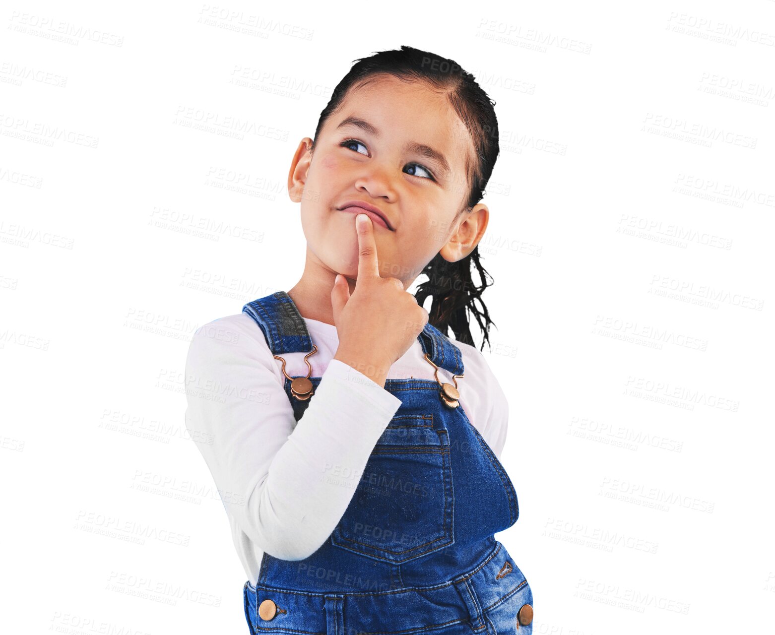 Buy stock photo Thinking, kid and girl with idea, decision and problem solving isolated on png transparent background. Happy, child or model with doubt, planning or inspiration and questions, remember or opportunity