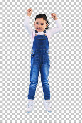 Buy stock photo Jump, smile and portrait of a child, energy and celebration for achievement on isolated transparent png background. Happy, youth and good news for girl, winning and excited for freedom and cheering