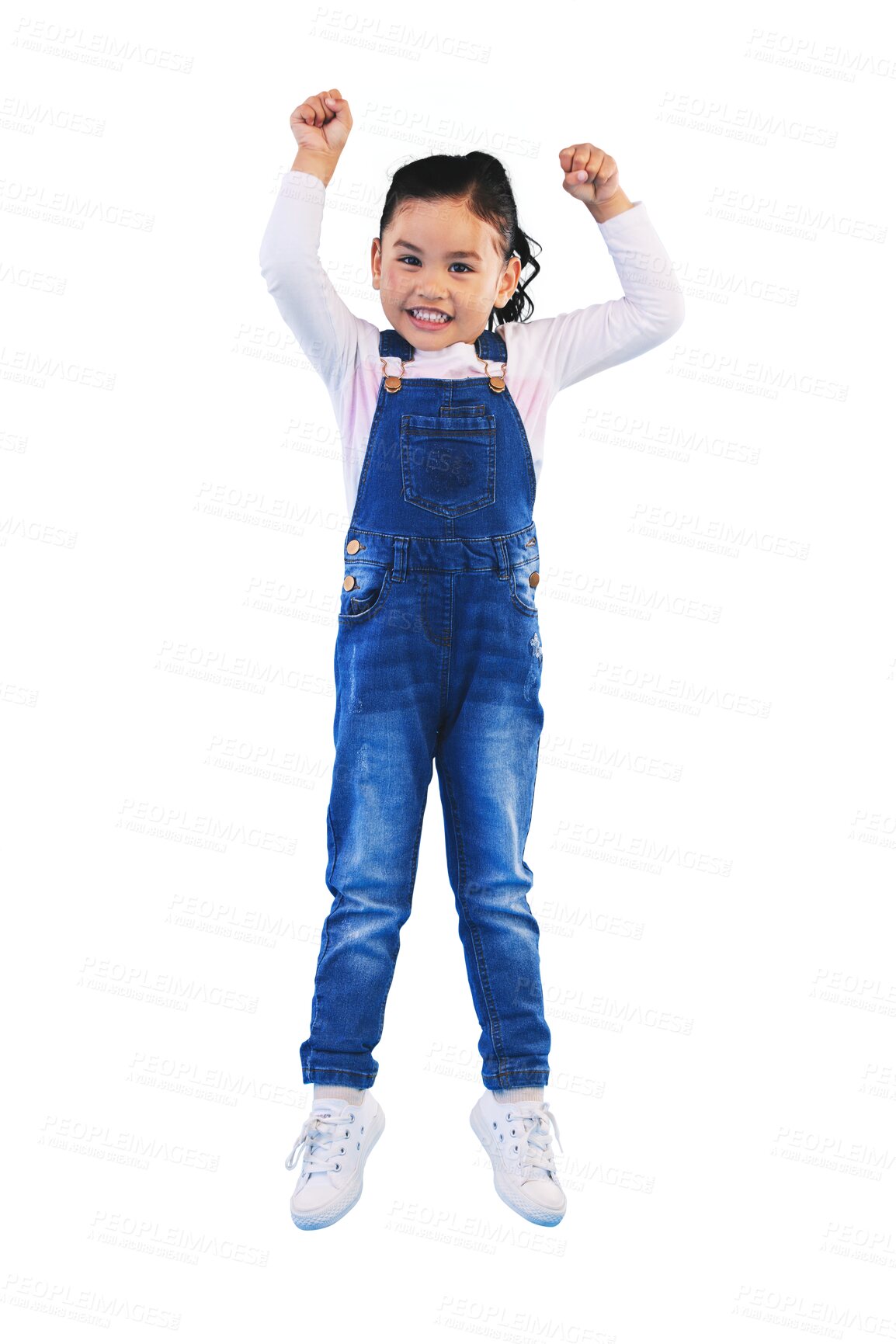 Buy stock photo Jump, smile and portrait of a child, energy and celebration for achievement on isolated transparent png background. Happy, youth and good news for girl, winning and excited for freedom and cheering