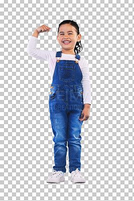 Buy stock photo Arm flex, girl child and happy for winner, champion and emoji with excited isolated on png transparent background. Power, kid or muscle for winning with success, body language and confidence or pride