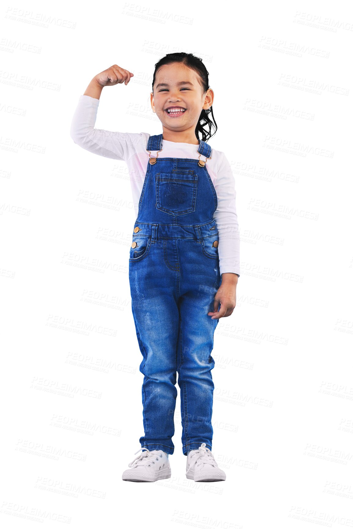 Buy stock photo Arm flex, girl child and happy for winner, champion and emoji with excited isolated on png transparent background. Power, kid or muscle for winning with success, body language and confidence or pride