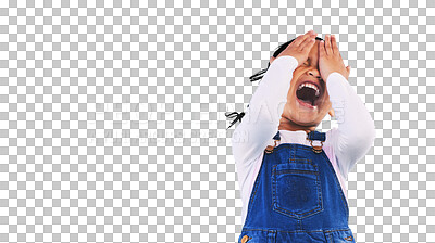 Buy stock photo Scared, horror and kid screaming, cover face and hands or isolated on transparent png background. Fear, terror and scary girl child in nightmare, anxiety crisis and shouting for problem in danger