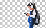 Music, backpack and child on blue background with phone ready fo