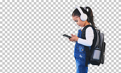 Buy stock photo Child, phone and backpack for school, headphones and learning or tech, streaming podcast and class. Female person, girl and kindergarten or app, education and isolated on transparent png background