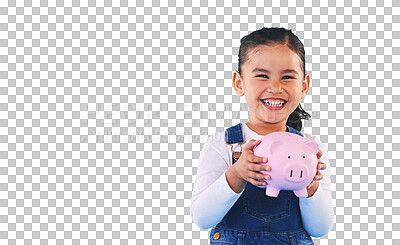 Buy stock photo Child, smile and piggy bank for money, face and isolated on transparent png background. Happy female person, girl and security for future, investing and cash growth in container, coin and safety