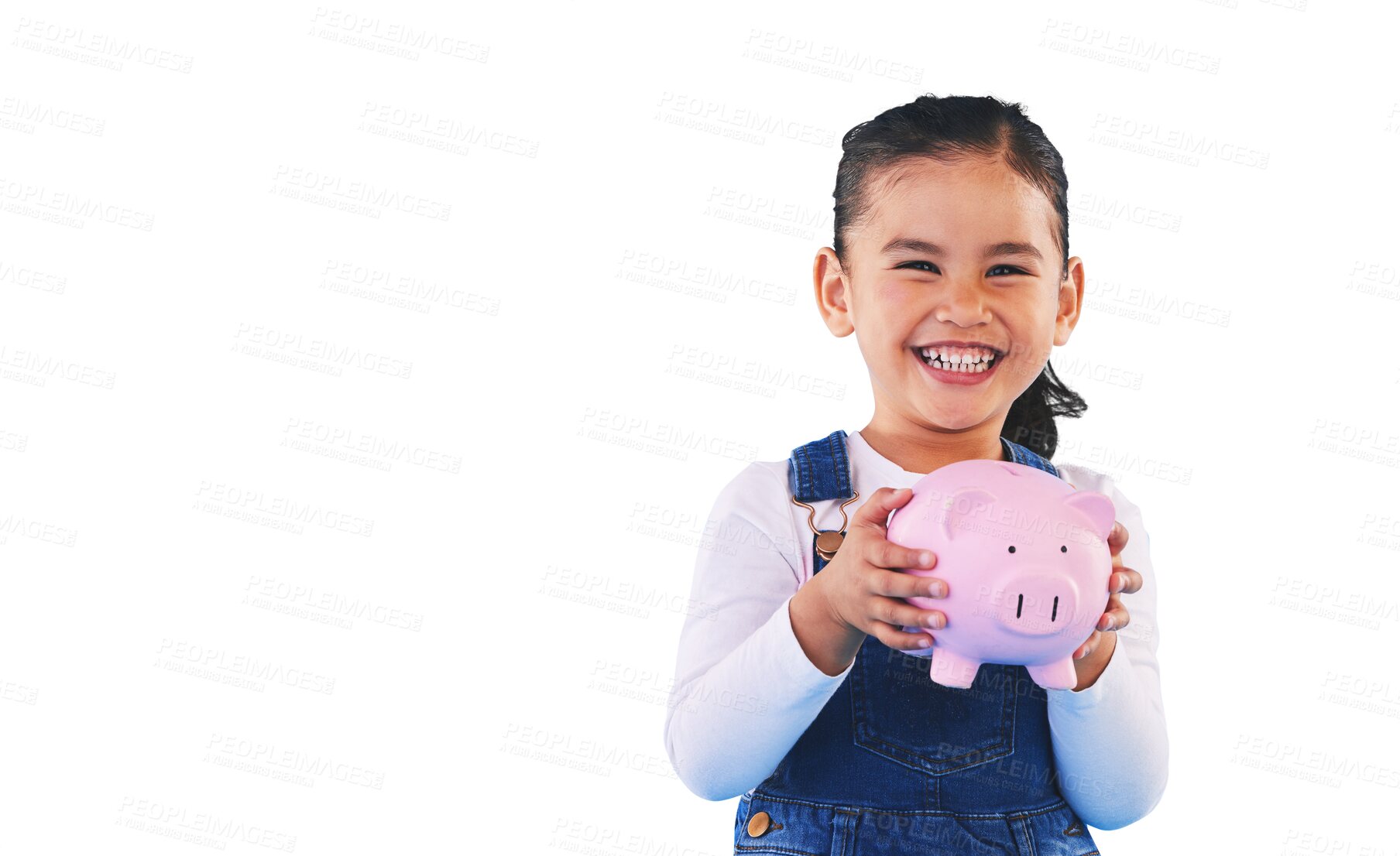 Buy stock photo Child, smile and piggy bank for money, face and isolated on transparent png background. Happy female person, girl and security for future, investing and cash growth in container, coin and safety