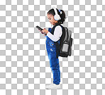 Headphones, backpack and child on blue background with phone rea