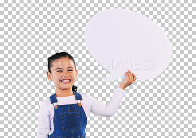 Buy stock photo Isolated girl child, speech bubble and portrait with excited smile, quote or mockup by transparent png background. Kid, poster and space for promotion, voice and feedback in review for social media