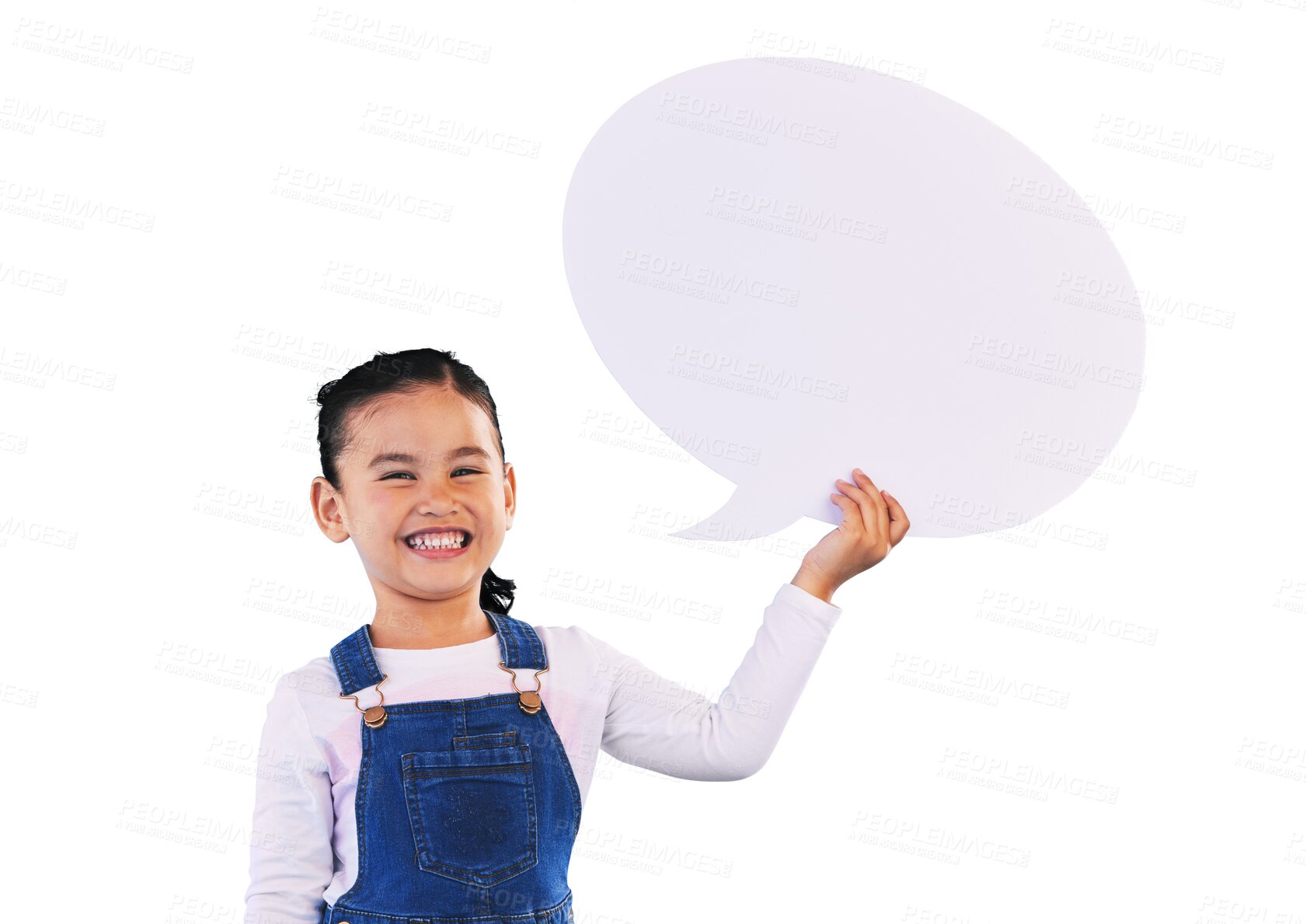 Buy stock photo Isolated girl child, speech bubble and portrait with excited smile, quote or mockup by transparent png background. Kid, poster and space for promotion, voice and feedback in review for social media