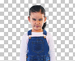 Tantrum, attitude and portrait of child on blue background with