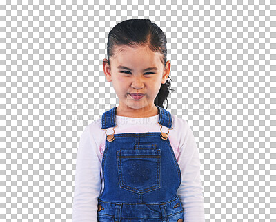 Buy stock photo Tantrum, attitude and portrait of girl child isolated on png transparent background with upset, mad and frustrated expression. Behaviour, pout and young kid with sad face for anger or facial emotion