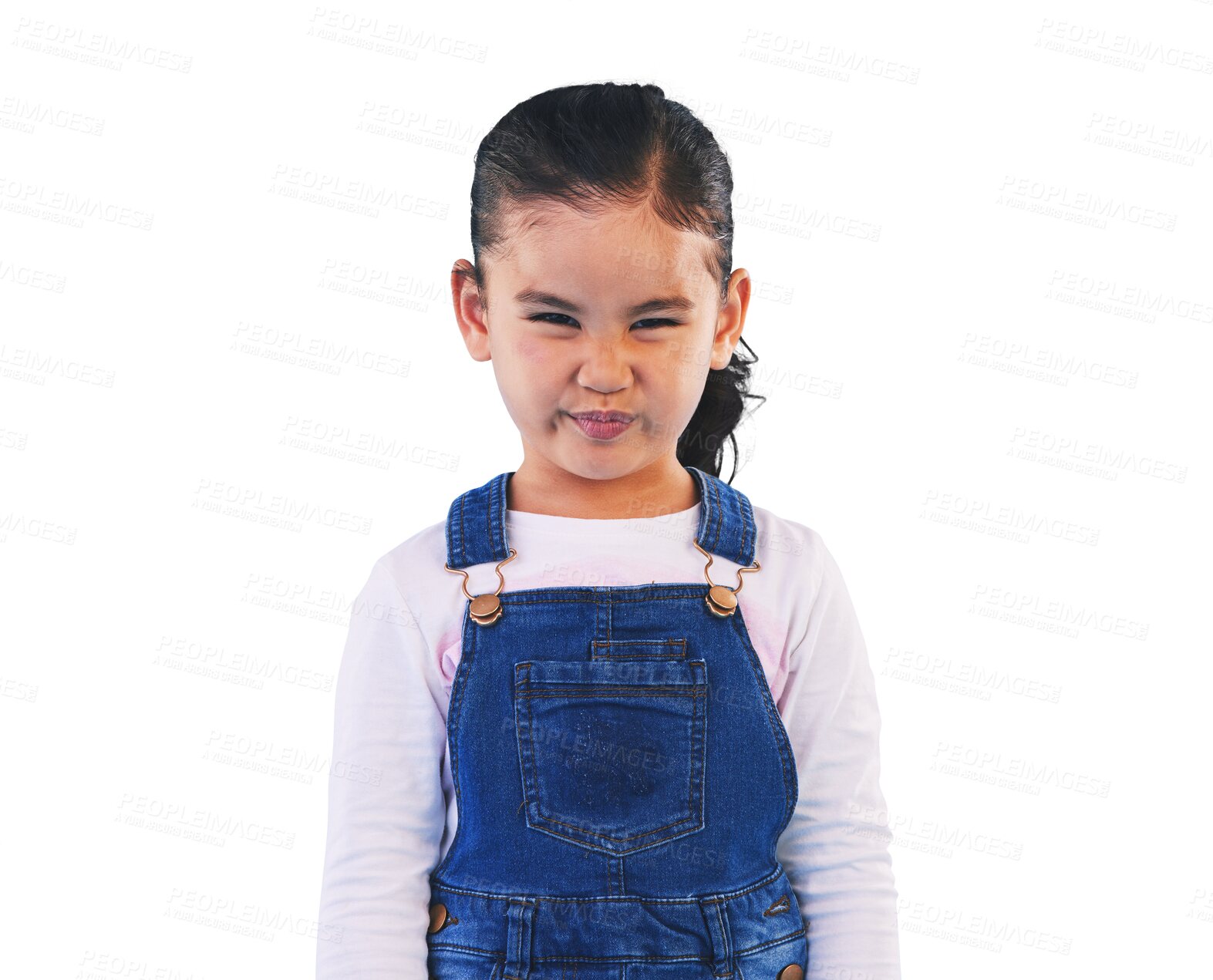 Buy stock photo Tantrum, attitude and portrait of girl child isolated on png transparent background with upset, mad and frustrated expression. Behaviour, pout and young kid with sad face for anger or facial emotion