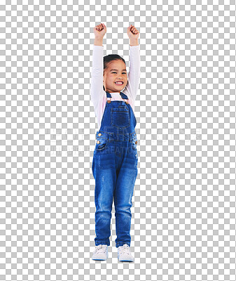 Buy stock photo Celebration, girl child and happy for winner or achievement and excited isolated on png transparent background. Smile, proud and winning for success, pride and confidence with arms up for victory 