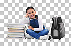 Girl child, sitting and books in studio portrait, backpack and e