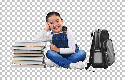 Buy stock photo Girl child, backpack and books for isolated, portrait and happy for education by transparent png background. Kid, library or school for learning, development or smile with bag, scholarship or academy