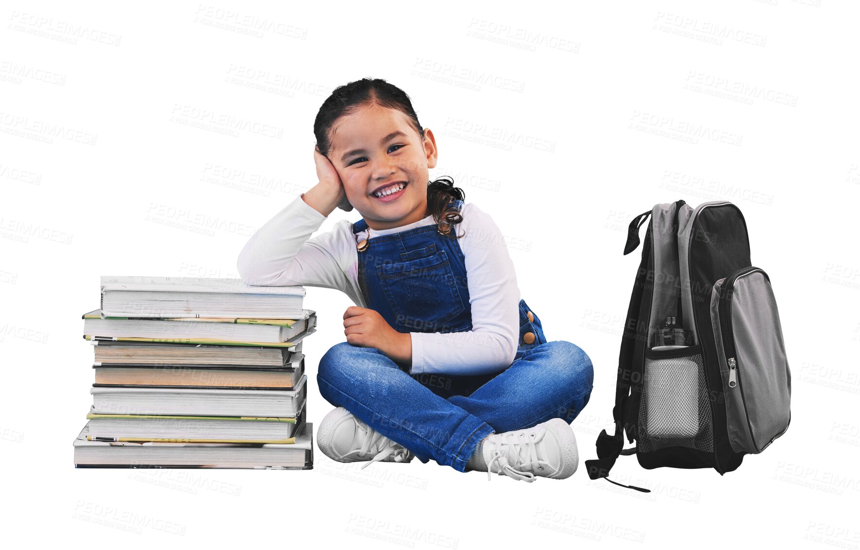 Buy stock photo Girl child, backpack and books for isolated, portrait and happy for education by transparent png background. Kid, library or school for learning, development or smile with bag, scholarship or academy