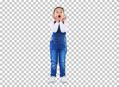 Buy stock photo Shocked, wow and girl surprise with hands to face in studio with fear and scared from danger. Alarm, isolated on transparent png background and young from Hawaii, scary and omg for emoji and kid