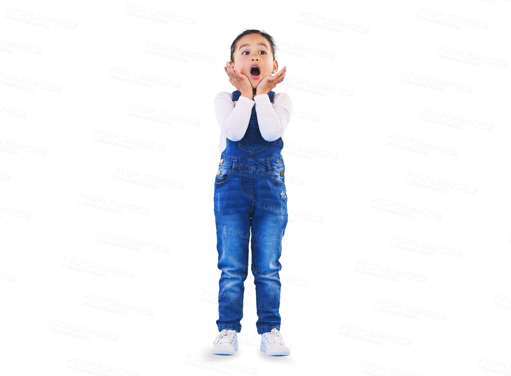 Buy stock photo Shocked, wow and girl surprise with hands to face in studio with fear and scared from danger. Alarm, isolated on transparent png background and young from Hawaii, scary and omg for emoji and kid