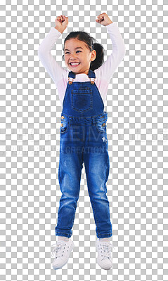 Buy stock photo Jumping, smiling and excited of a child, energy and celebrate for achievement on isolated transparent png background. Happy, youth and good news for girl, win and winner for freedom and cheering