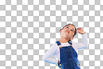 Children, thinking and a girl on a blue background mockup in stu