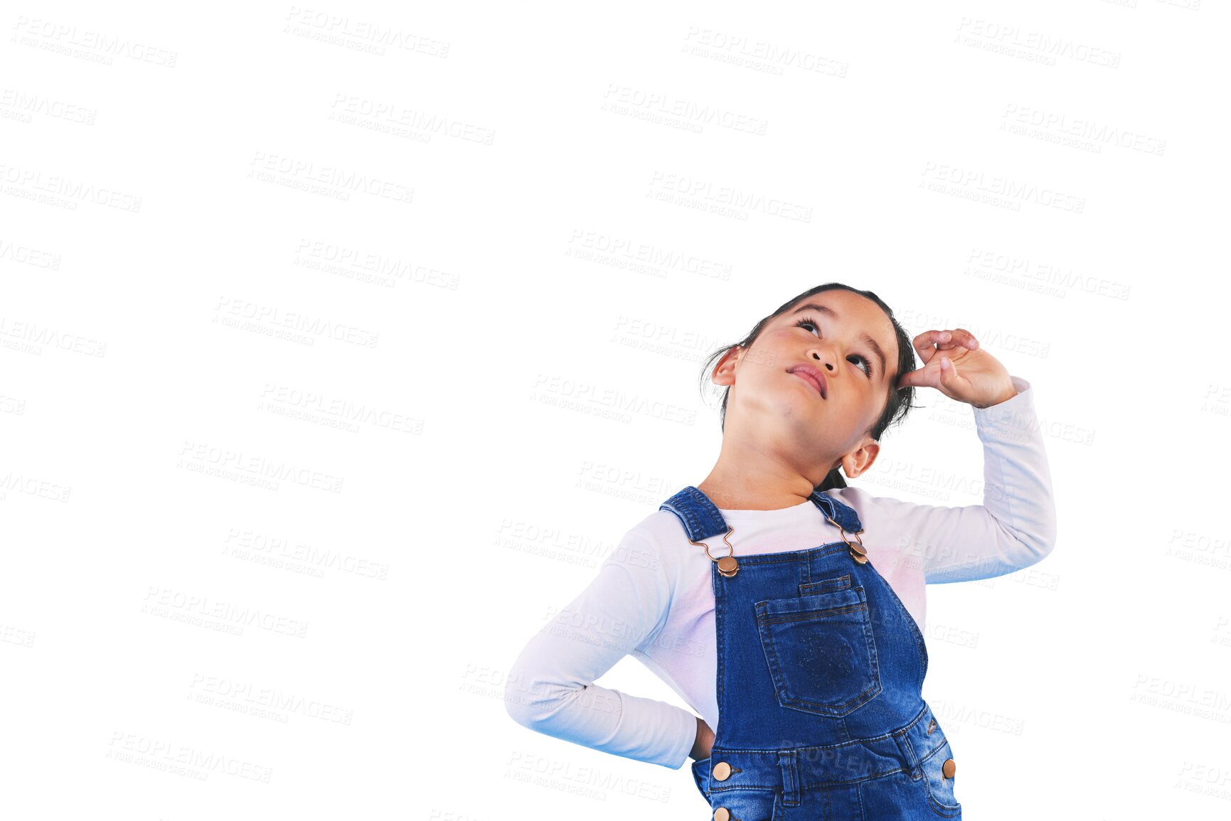 Buy stock photo Child, thinking and vision for future, girl and mindfulness for growth, development and mindset. Female person, kid and question and planning or idea and isolated on transparent png background