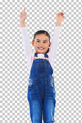 Buy stock photo Happy, celebration and girl child with arms up for success on isolated, transparent or png background. Smile, winner or excited kid with champion sign for competition, prize or cheering for giveaway