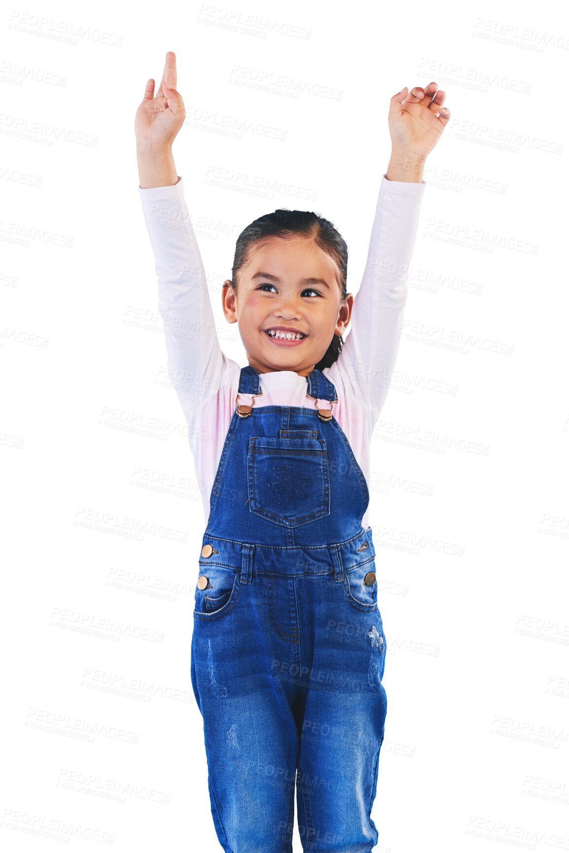 Buy stock photo Happy, celebration and girl child with arms up for success on isolated, transparent or png background. Smile, winner or excited kid with champion sign for competition, prize or cheering for giveaway