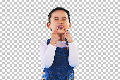 Buy stock photo Isolated girl child, funny face or tongue for joke, humor or raspberry with eyes closed by transparent png background. Kid, crazy and mouth for comic game, lips or hands for comedy with playful emoji