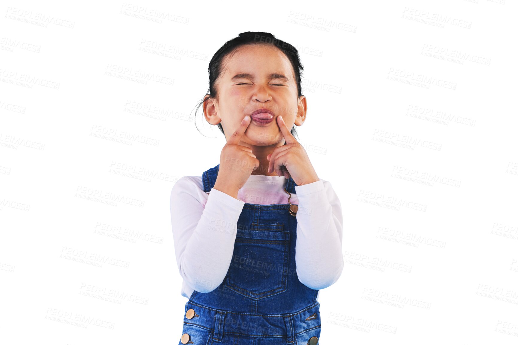 Buy stock photo Isolated girl child, funny face or tongue for joke, humor or raspberry with eyes closed by transparent png background. Kid, crazy and mouth for comic game, lips or hands for comedy with playful emoji