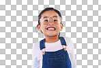 Girl kid, glasses and vision in studio with smile, medical and t