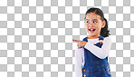 Pointing, blue background and child with mockup space for banner