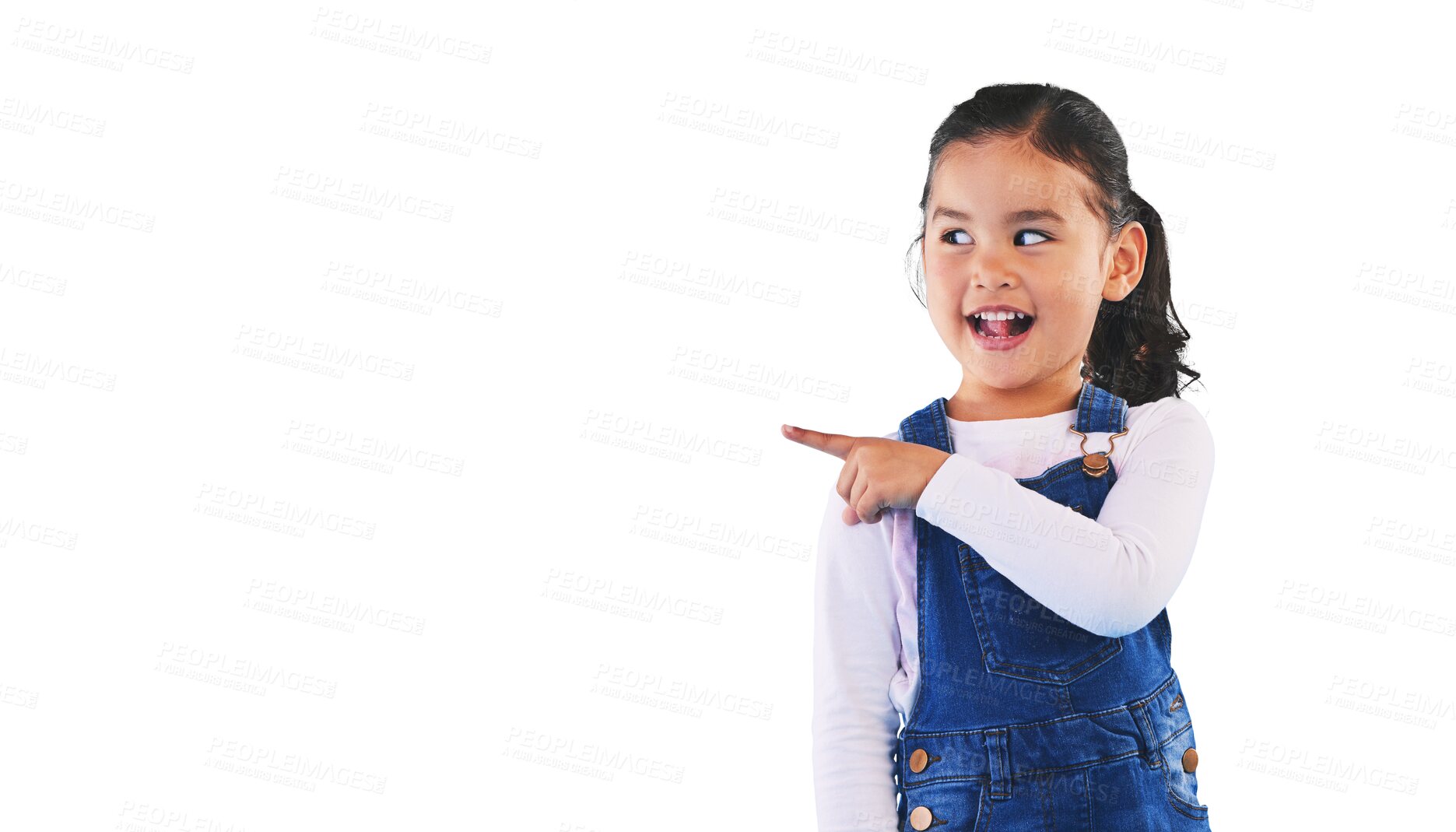 Buy stock photo Wow, excited and girl child with hand pointing to isolated, transparent or png background. Omg, finger or kid with emoji face for announcement, news or information, promo or shocking gossip or drama