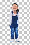 Excited girl child, fashion and studio portrait with jeans, dung