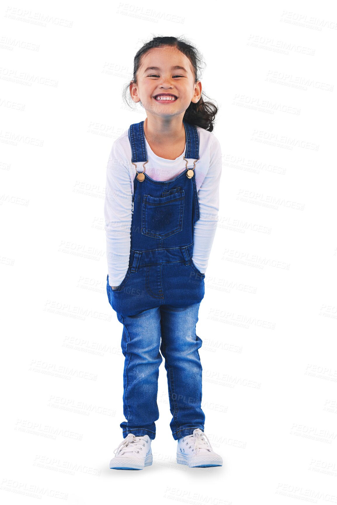 Buy stock photo Fashion portrait, smile and young child in overalls, dungaree or stylish denim clothes, outfit or trendy apparel. Youth, fashionable model style and kid girl isolated on a transparent, png background