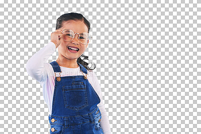 Buy stock photo Child, glasses and smile for eye health, optometry and portrait or isolated on transparent png background. Happy female person, girl and vision or cool frame, wellness and trust in lens, joy or care