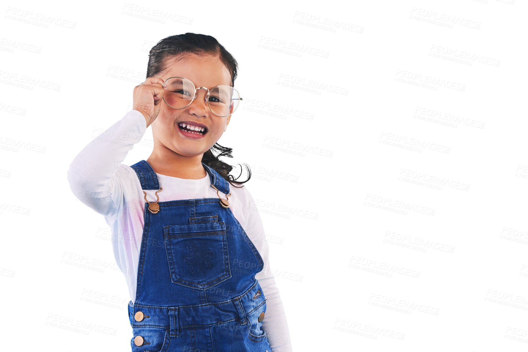 Buy stock photo Child, glasses and smile for eye health, optometry and portrait or isolated on transparent png background. Happy female person, girl and vision or cool frame, wellness and trust in lens, joy or care