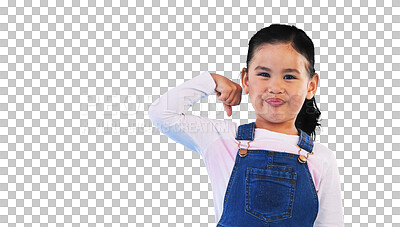 Buy stock photo Portrait, smile and girl child with strong arm, muscle or power on isolated, transparent or png background. Pride, flex and face of kid model with superhero emoji for growth, success or empowerment