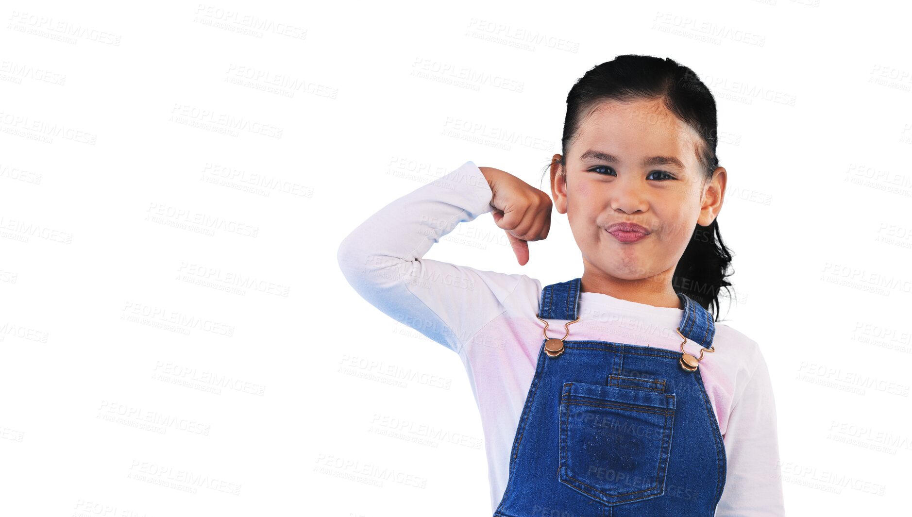 Buy stock photo Portrait, smile and girl child with strong arm, muscle or power on isolated, transparent or png background. Pride, flex and face of kid model with superhero emoji for growth, success or empowerment