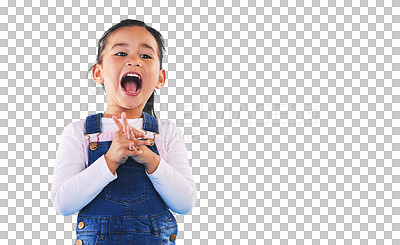 Buy stock photo Wow, news and excited girl child with success, celebration or shock on isolated, transparent or png background. Surprise, omg and happy kid model with open mouth face emoji for feedback or review