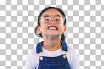 Glasses, student smile and Asian child in portrait in studio iso