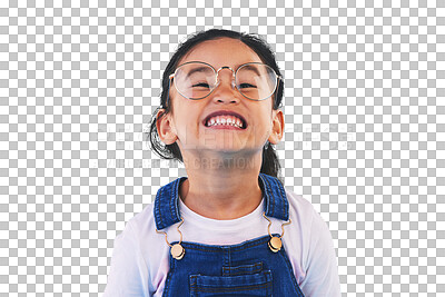 Buy stock photo Portrait, smile and girl with glasses, student and education isolated on a transparent background. Face, person and kid with eyewear, geek and nerd with clear vision, knowledge and childhood with png