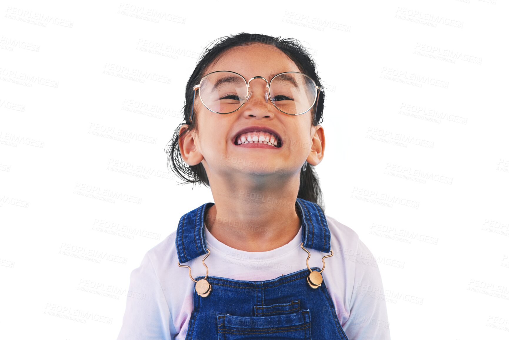 Buy stock photo Portrait, smile and girl with glasses, student and education isolated on a transparent background. Face, person and kid with eyewear, geek and nerd with clear vision, knowledge and childhood with png