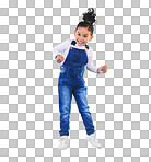 Happy, jumping and portrait of a child in a studio with exciteme