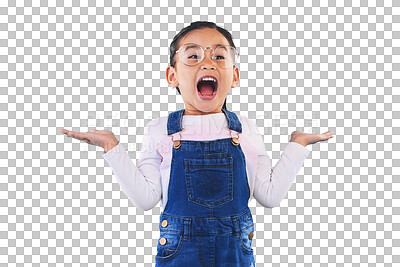 Buy stock photo Excited, surprise and girl child with hands gesture, expression and announcement on transparent png background. Wow, happy kid and reaction, news and opportunity with drama and open mouth for glasses