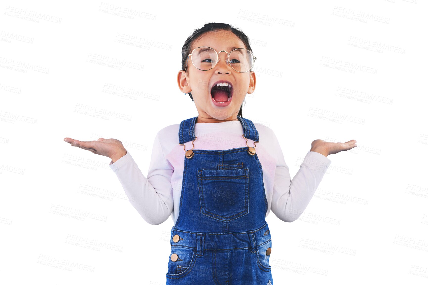 Buy stock photo Excited, surprise and girl child with hands gesture, expression and announcement on transparent png background. Wow, happy kid and reaction, news and opportunity with drama and open mouth for glasses