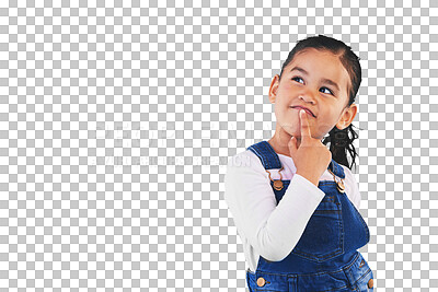 Buy stock photo Thinking, kid and girl with idea, decision and problem solving isolated on png transparent background. Happy, child or model with doubt, planning or inspiration and questions, remember or opportunity