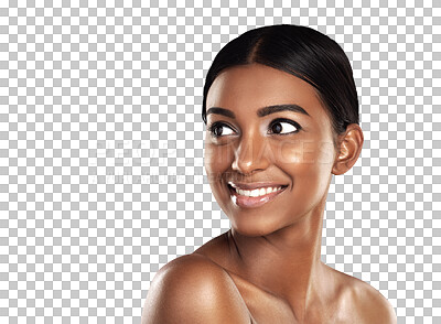 Buy stock photo Cosmetics, skincare and smiling face of woman on isolated transparent png background. Glam, happiness and Indian female model with makeup, dermatology and beauty facial treatment for skin health