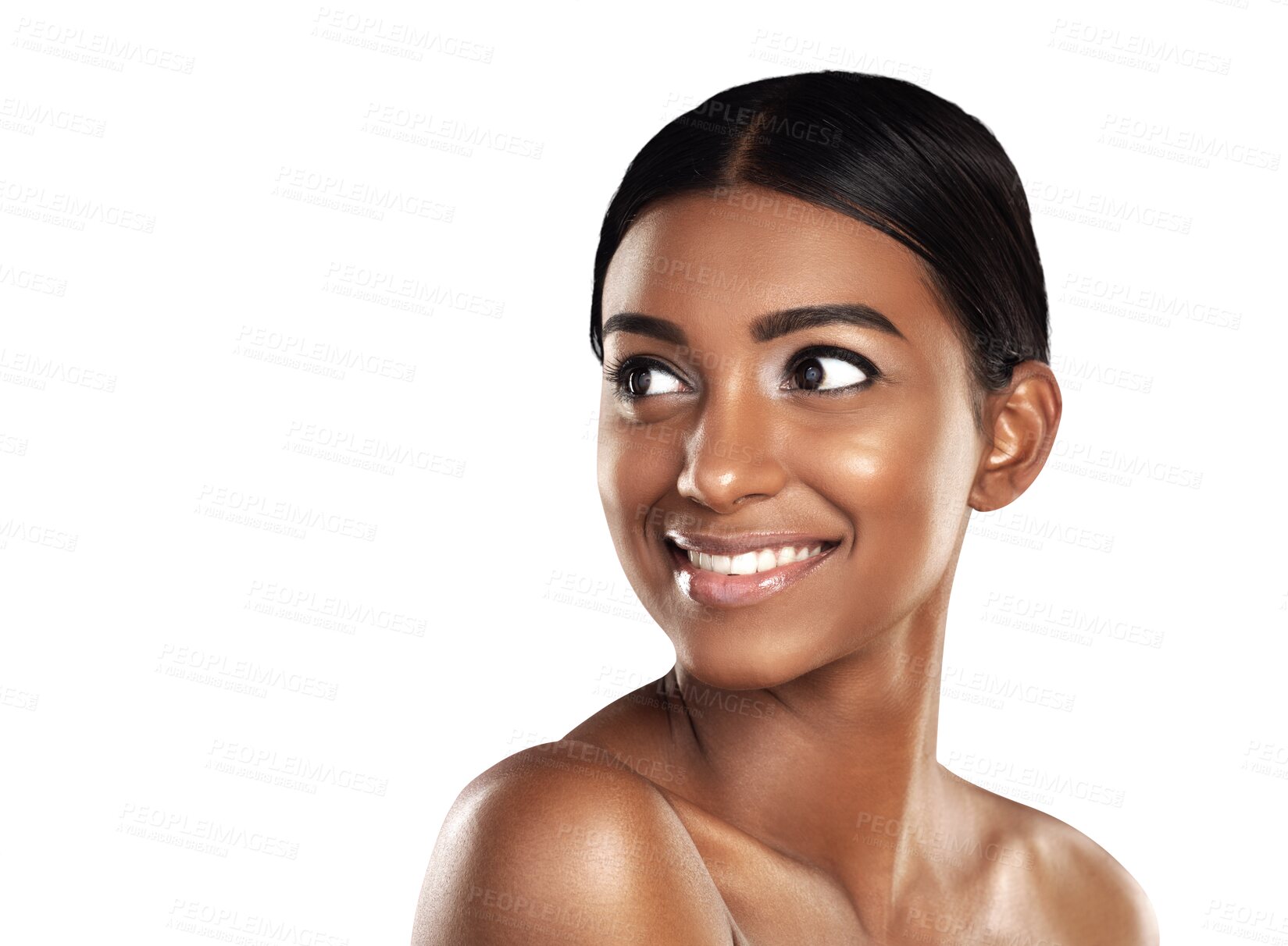 Buy stock photo Cosmetics, skincare and smiling face of woman on isolated transparent png background. Glam, happiness and Indian female model with makeup, dermatology and beauty facial treatment for skin health