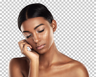 Buy stock photo Eyes closed, beauty skincare and hand of woman isolated on a transparent png background. Indian person touch face, cosmetics and natural spa facial treatment for dermatology, wellness and smooth skin